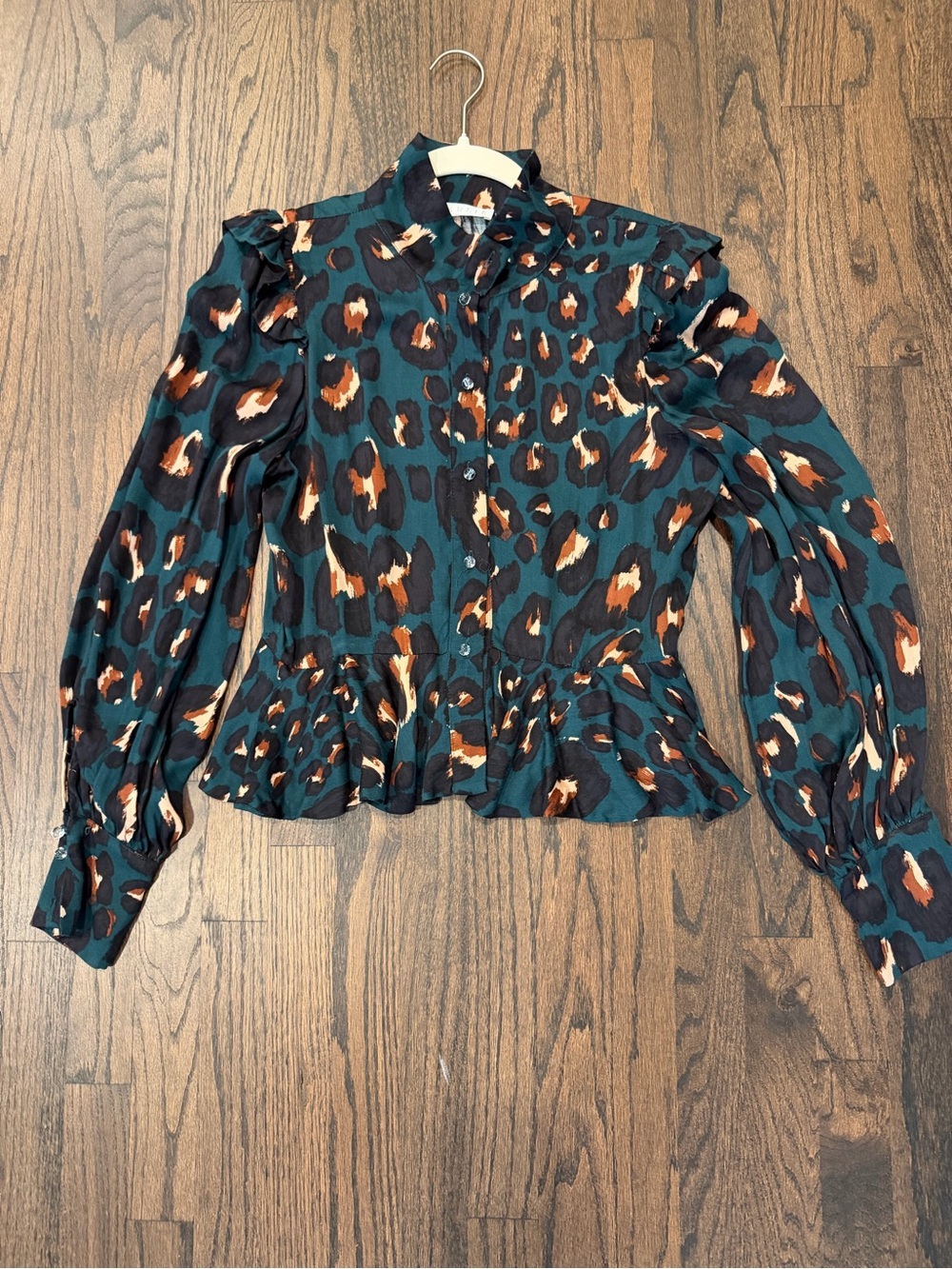 Karlie Teal Leopard-Print Button Front Peplum Blouse - Picture 10 of 10